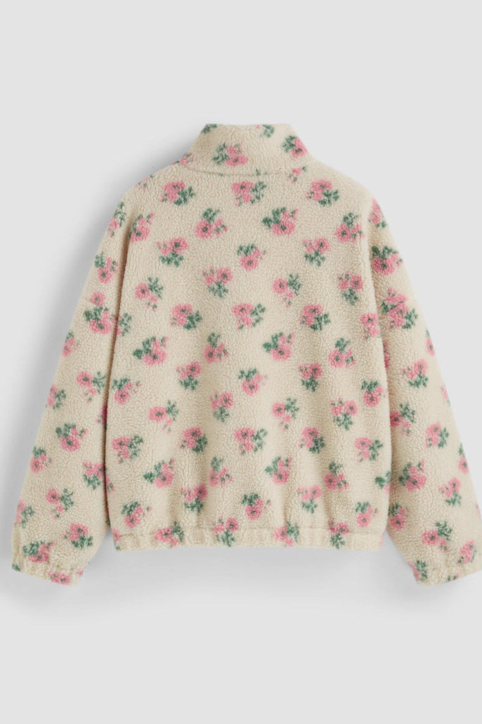 Rückansicht der kuscheligen Fleecejacke für Damen mit Blumenmuster