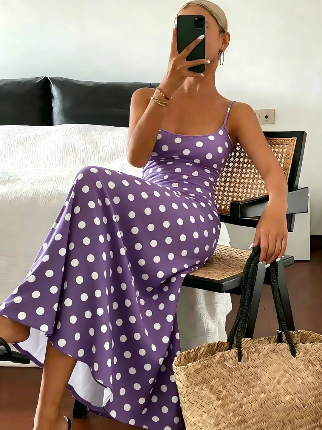 Ärmelloses tailliertes Midi-Kleid mit Polka-Dot-Muster für Damen