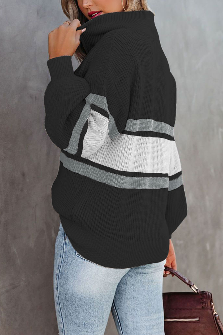 Gemütlicher lässiger Strickpullover mit Reißverschluss und Patchwork-Kragen