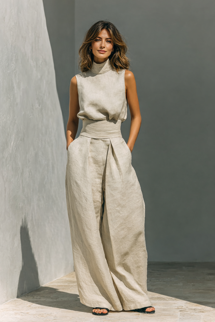 Minimalistisches Tanktop aus Baumwoll-Leinen und Hosen mit weitem Bein Set
