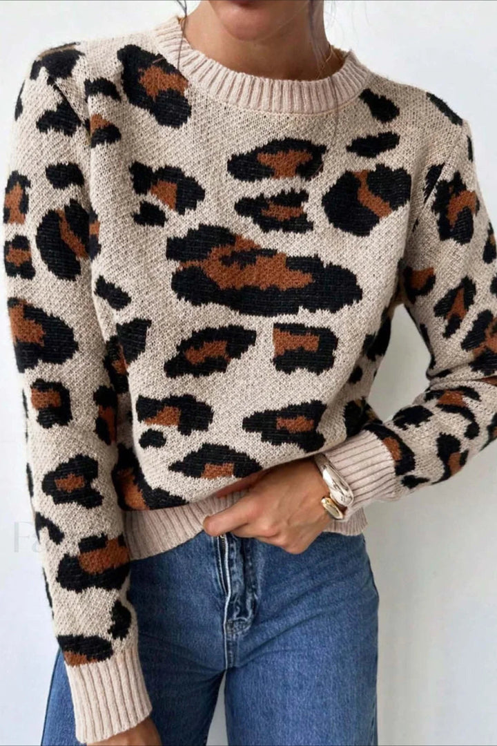 Schicker Pullover mit Farbfeld und Leopardenmuster und Rundhalsausschnitt