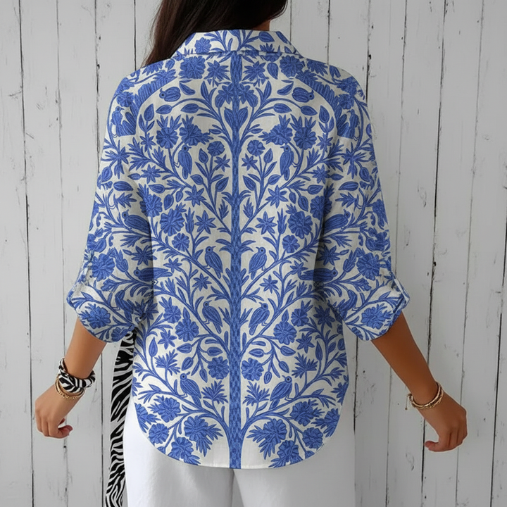 Blaue Blumenmuster Gartenbluse