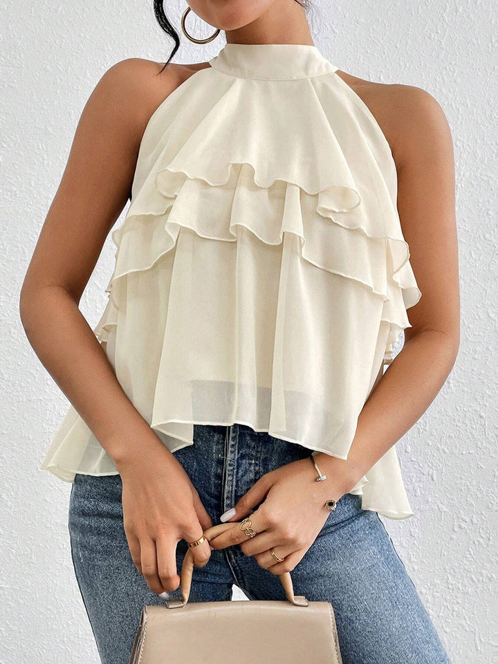 Damen Neckholder Tanktop Aus Chiffon Mit Volantbesatz