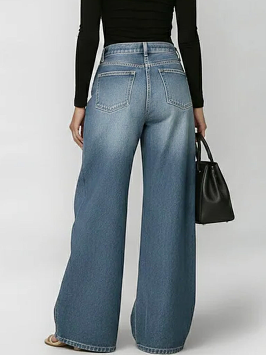 Damen High-Waist Weitbein Freizeithose Jeans