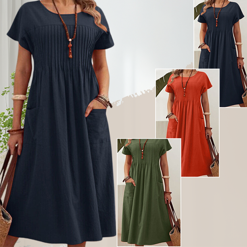 Faltiges Midi-Kleid mit kurzen Ärmeln und Taschen