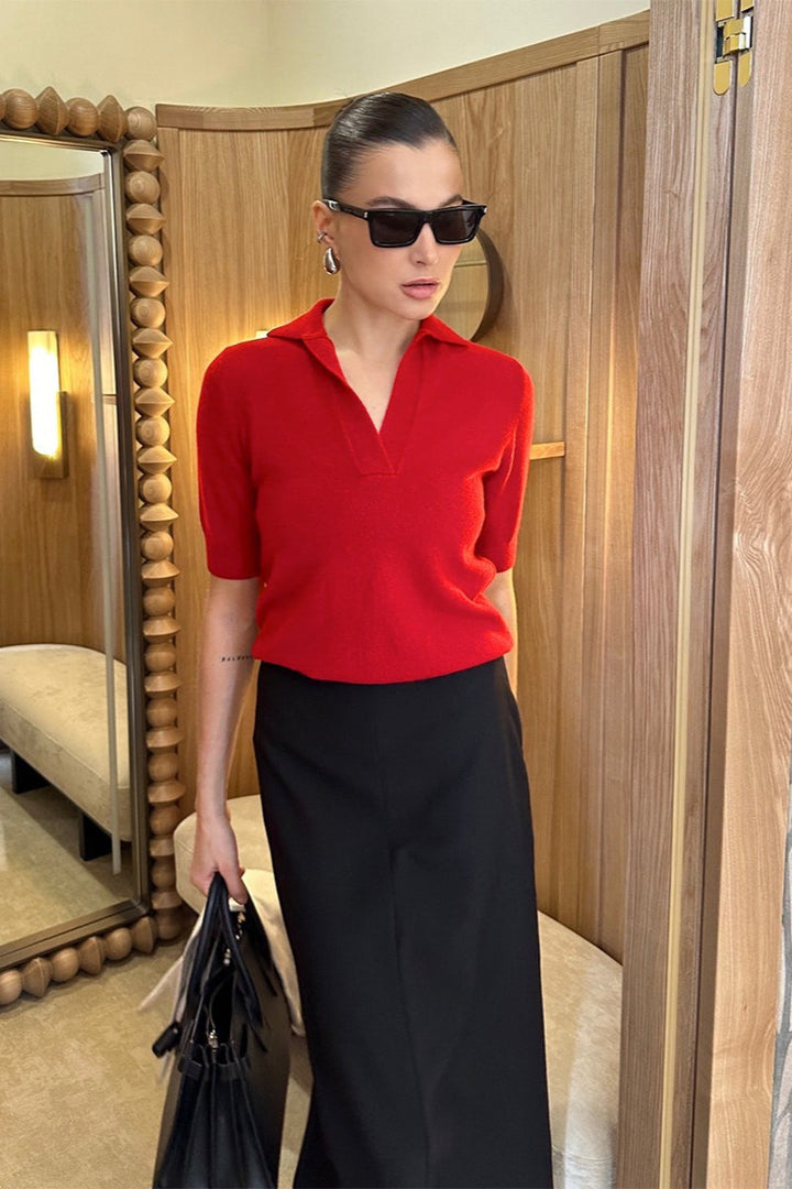 Damen Kurzarm Polopullover Aus Feinstrick