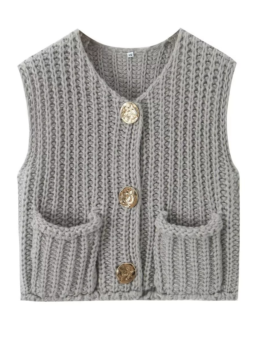Damen Strickcardigan Ärmellos Mit Knöpfen Und Taschen