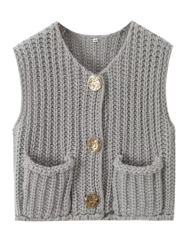 Damen Strickcardigan Ärmellos Mit Knöpfen Und Taschen