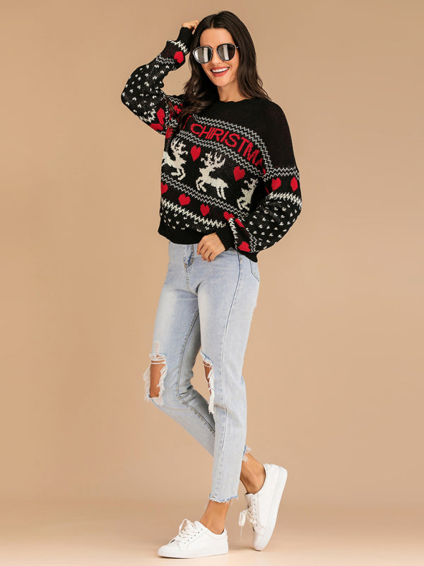 Rentier Jacquard Strick Weihnachts-Pullover