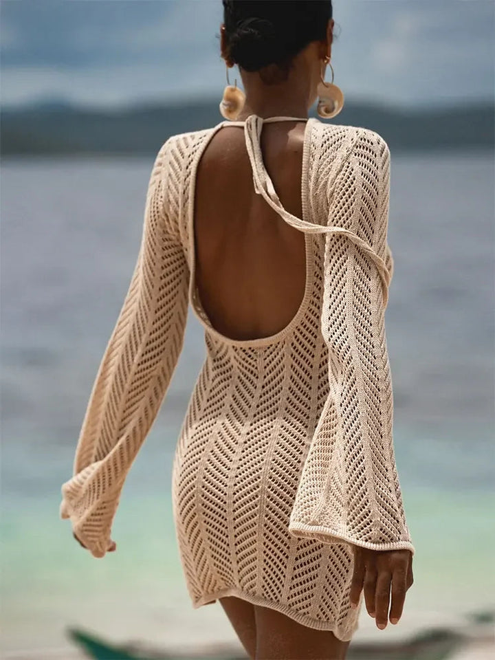 Rückenfreies gehäkeltes Minikleid mit langen Ärmeln, transparenter Strandüberwurf