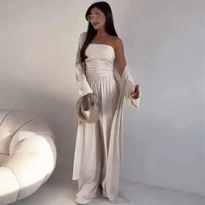 Damen Lässiges Trägerloses Top Langstrickjacke Weite Hosen Set