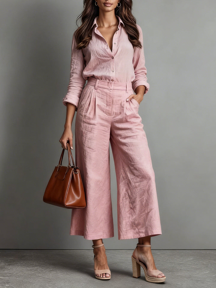 Damen Leinen Caprihose und lockeres Hemd in Rosa Set