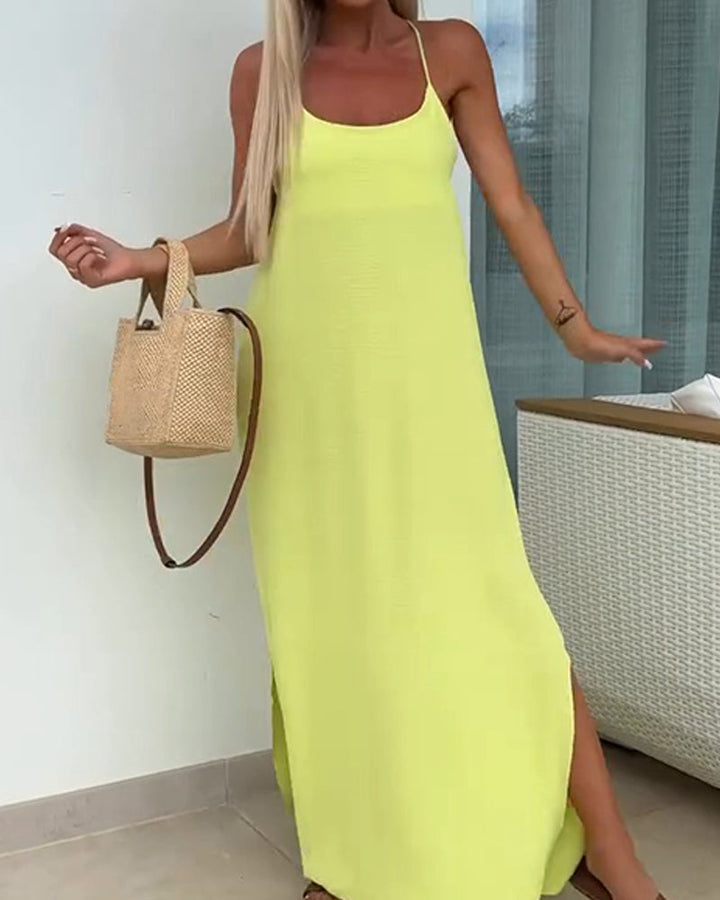 Damen Maxikleid Unifarben Mit Spaghettiträgern