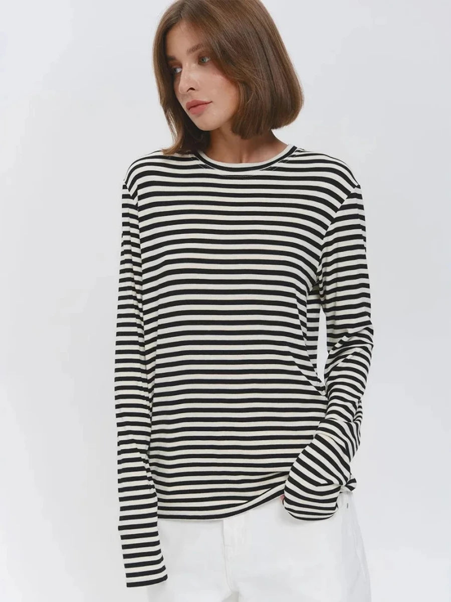 Damen Baumwolle Langarmshirt mit Streifenmuster