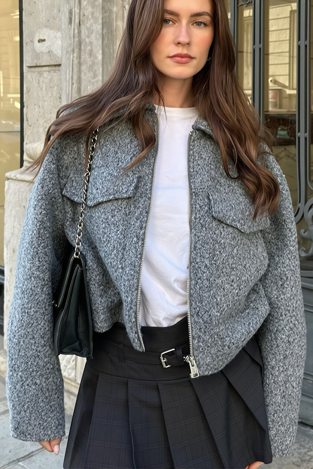 Damen Bouclé Kurzjacke Mit Reißverschluss