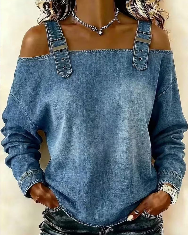 Damen Jeansbluse mit Cut-Out Schultern und Knopfleiste vorne