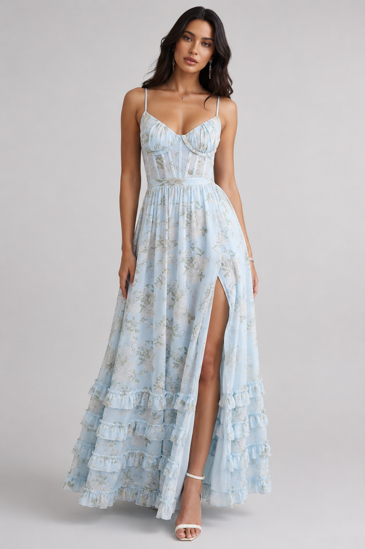 Maxikleid mit Spaghettiträgern und gerafftem Saum