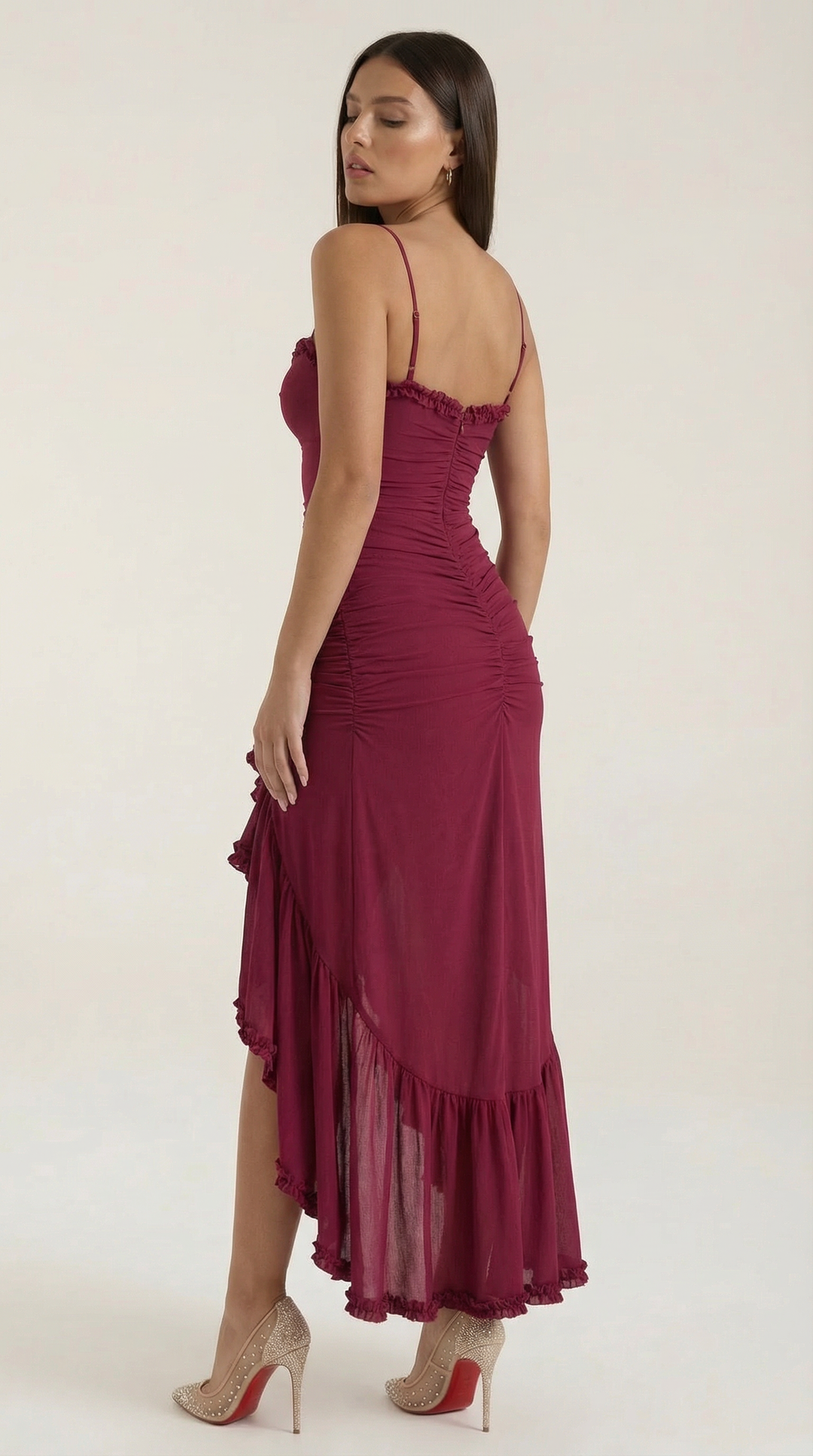 Damen Volant Maxikleid mit High-Low-Saum
