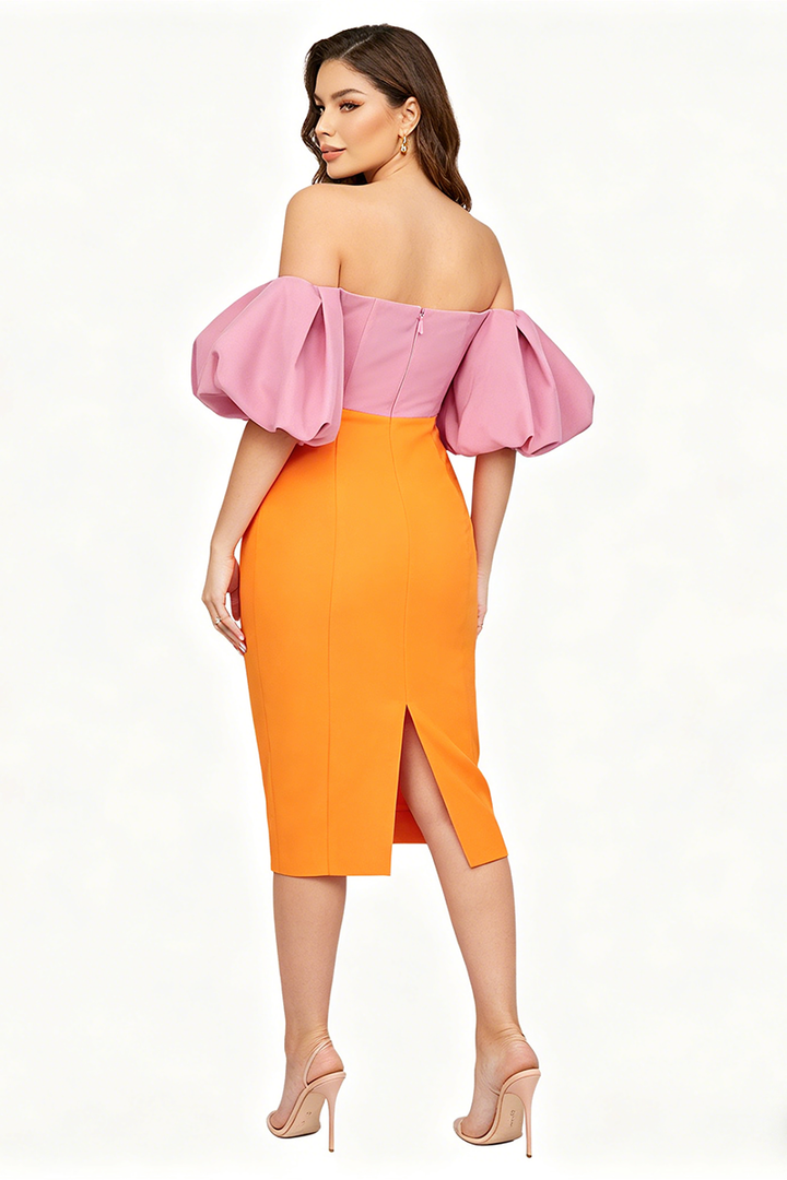 Midikleid mit Farbblock und Puffärmeln