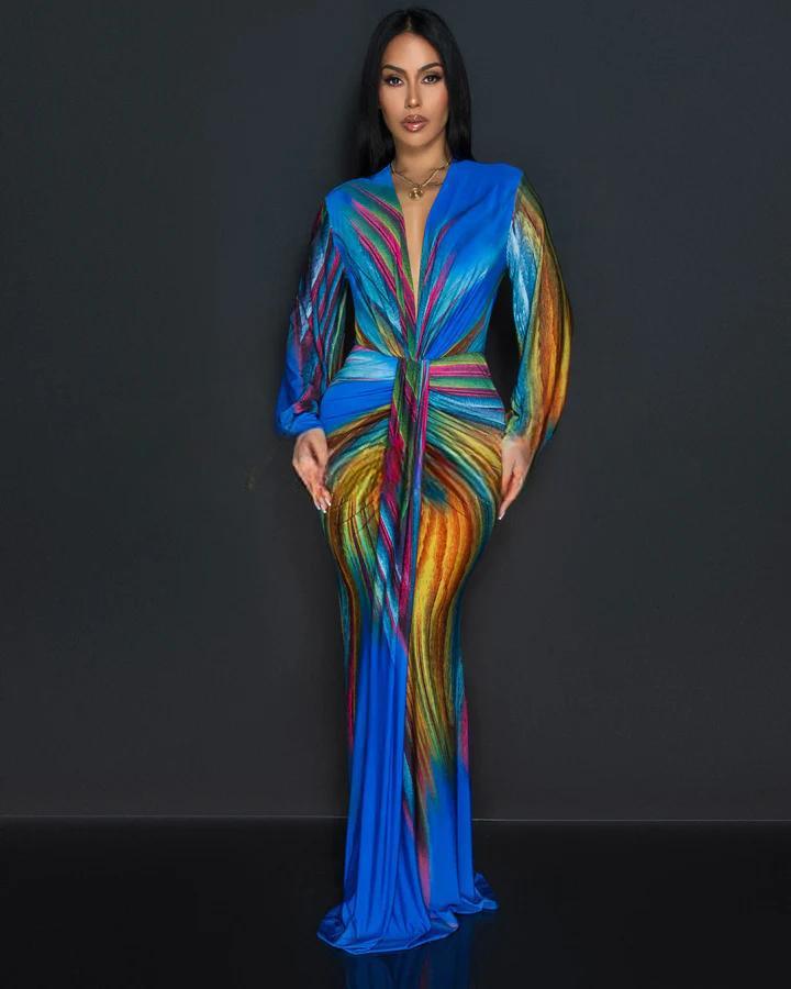 Maxikleid mit V-Ausschnitt und Batik-Faltenrock