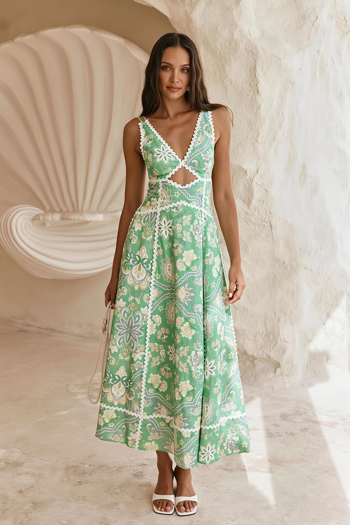 Damen-Maxikleid mit Blumenmuster und Spitzendetails in voller Länge