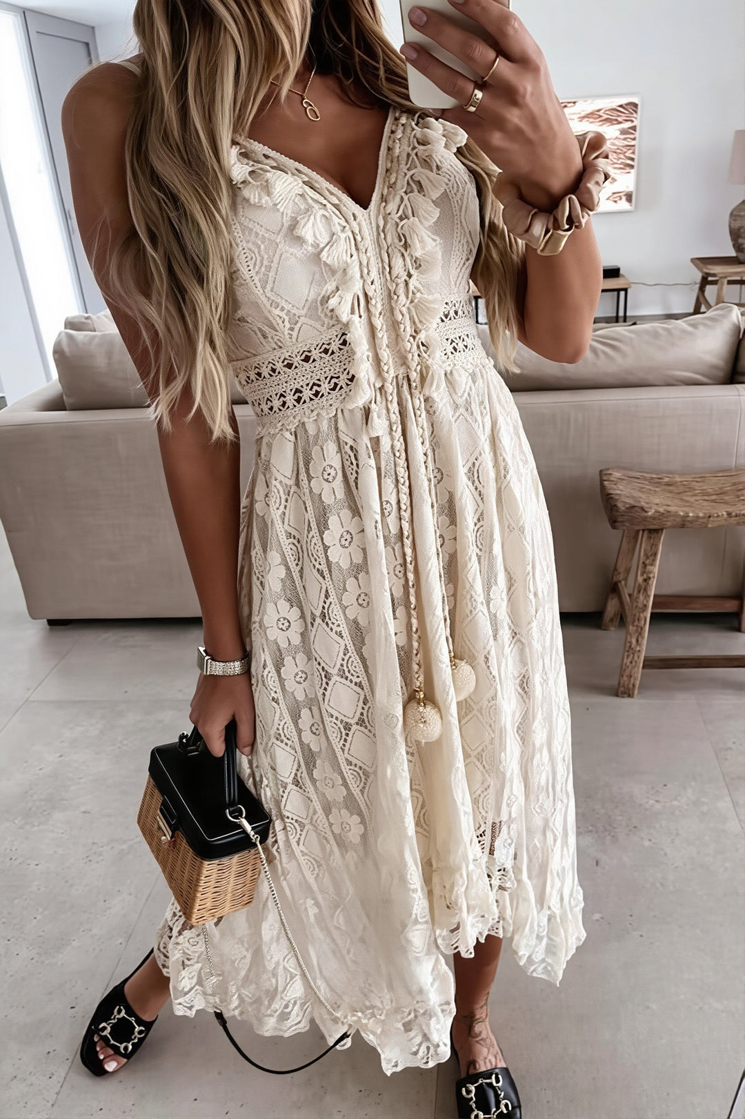 Damen Boho-Midikleid mit hoher Taille in Seitenansicht