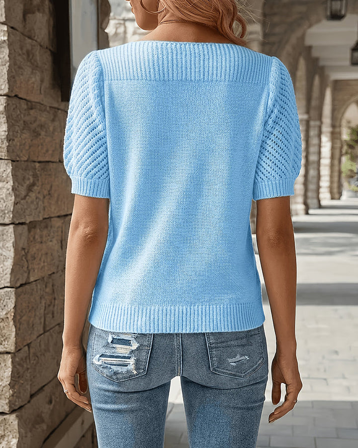 Damenpullover mit Puffärmeln und Rundhalsausschnitt, Rückansicht