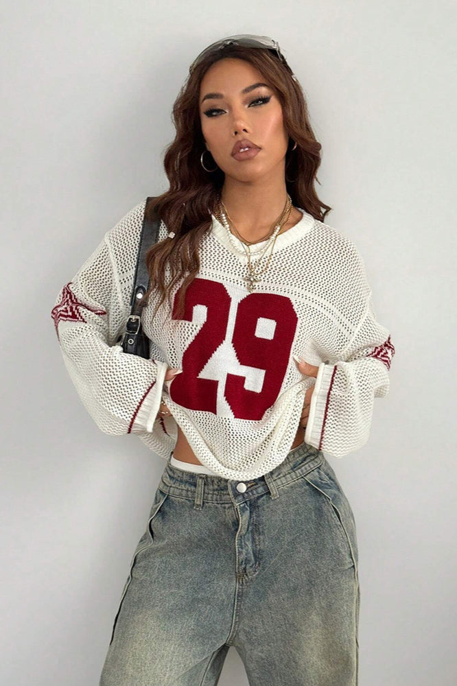 Gemütlicher V-Ausschnitt Strickpullover mit Digitaldruck