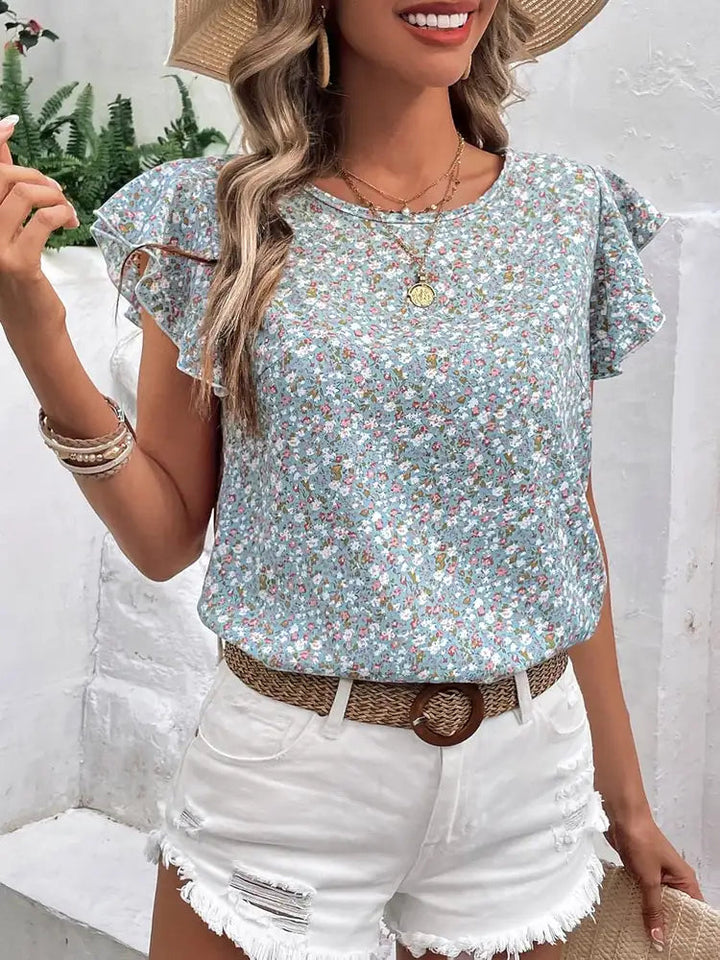 Kleines Blumenmuster Top mit Cap-Ärmeln und rundem Ausschnitt