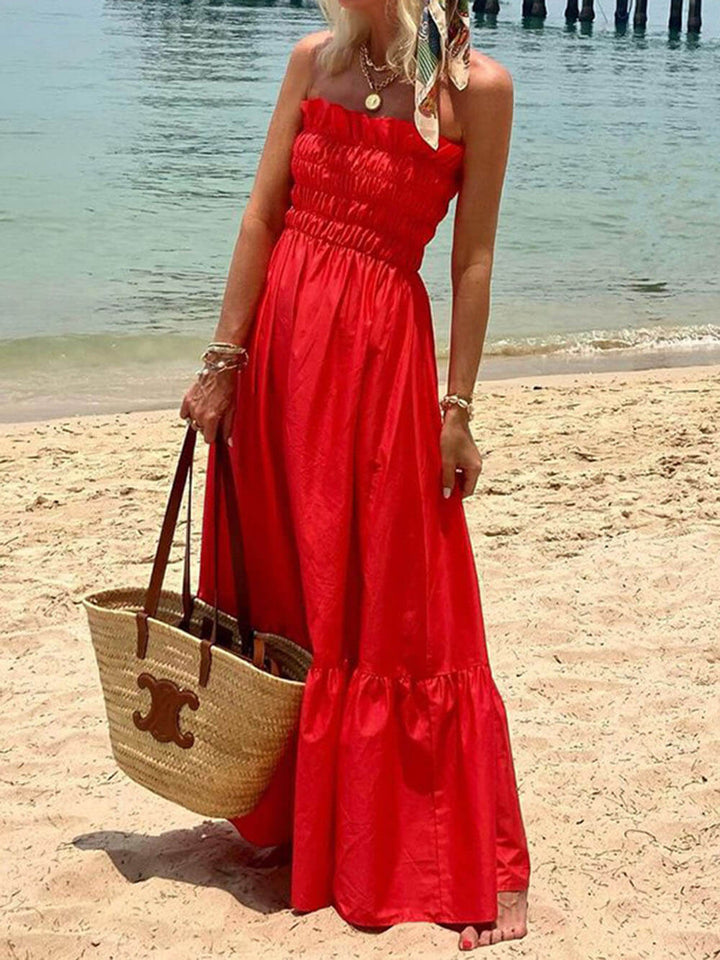 Maxikleid mit schulterfreiem, gerafftem Brustbereich für den Urlaub