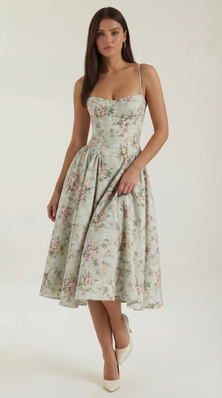 Damen Blumenmieder Midikleid mit Herzausschnitt