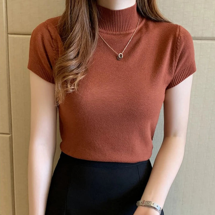 Damen T-Shirt mit Stehkragen aus dehnbarem Strick, lockere Passform