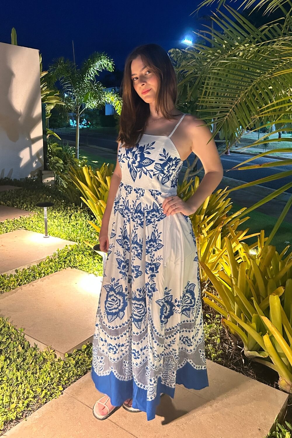 Polyester Spaghettiträger Midi Kleid Blau