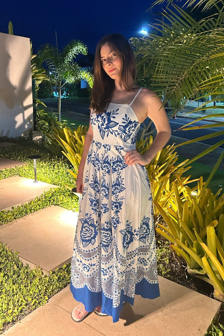 Polyester Spaghettiträger Midi Kleid Blau
