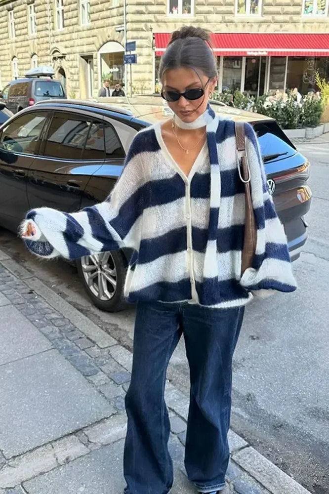 Gestreifter V-Ausschnitt Lose Gestrickter Cardigan