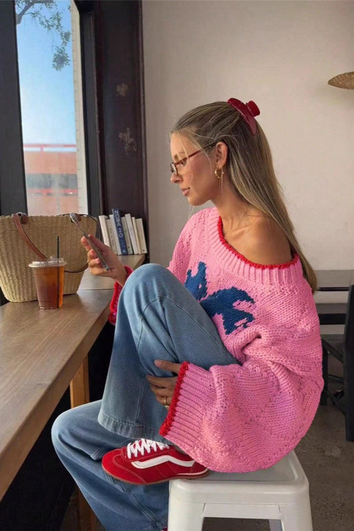Women's Knitted Jumper with Dog Motif and Contrast Trim