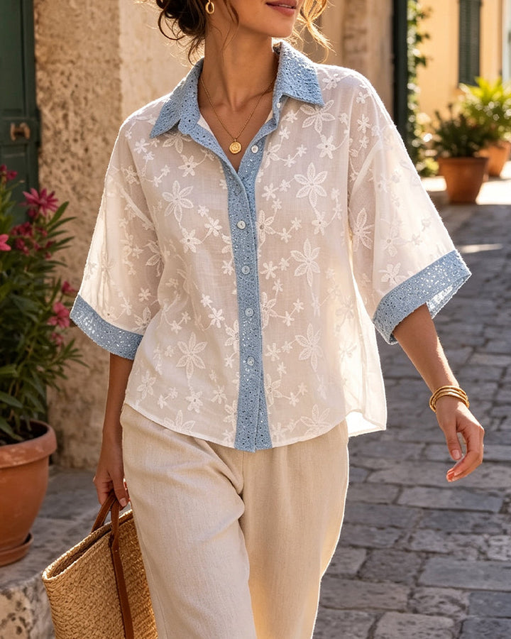 Colorblock-Bluse für Damen mit klassischem Revers und halben Ärmeln