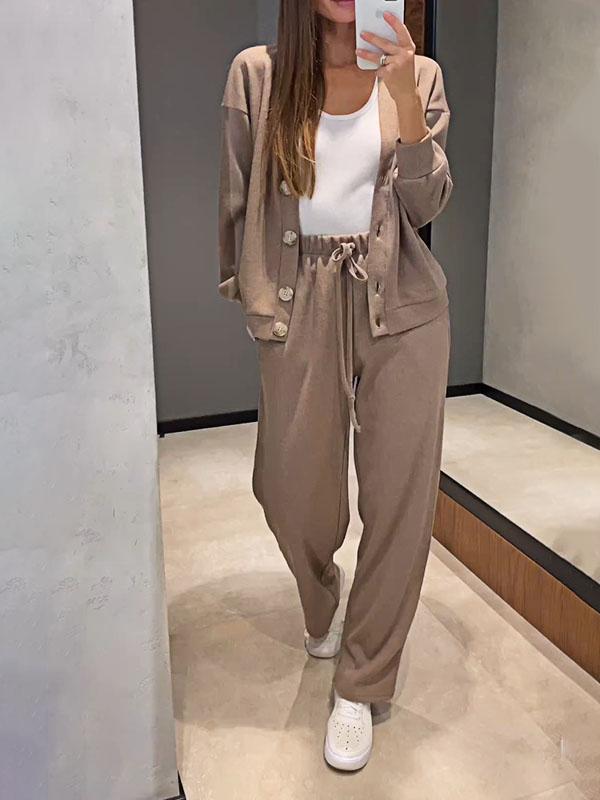 Gemütliches lässiges V-Ausschnitt Pullover- und Hose-Set