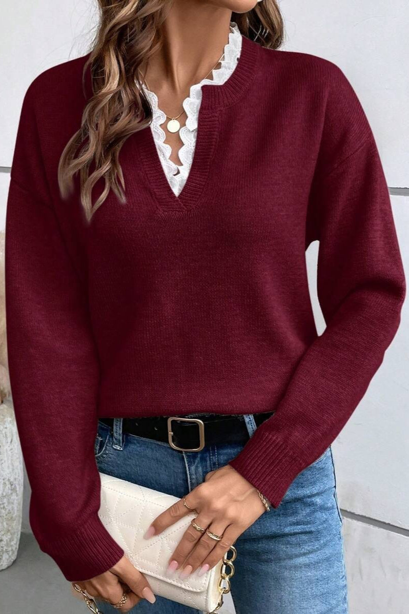 Damen-Strickpullover mit V-Ausschnitt und dekorativer Spitzenkante