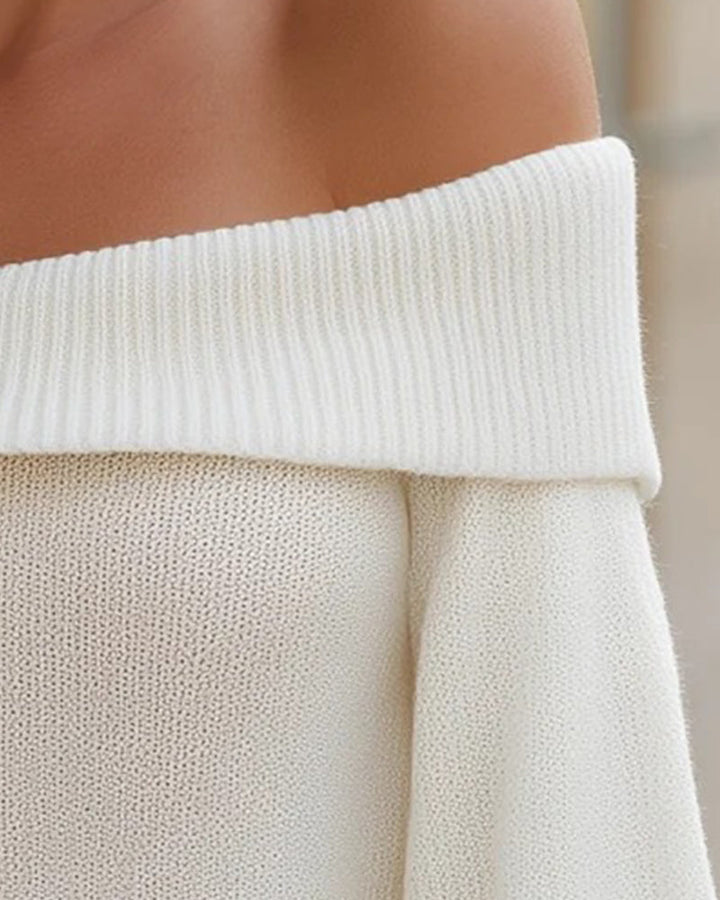 Seitliche Ansicht des schulterfreien Pullovers für Damen mit Laternenärmeln