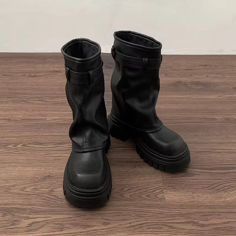 Damen Plateau-Biker-Stiefeletten mit Schnallen