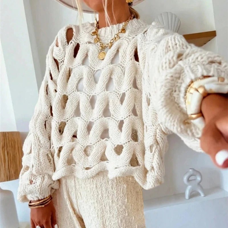 Damen Langarm Häkelstrickpullover Oberteil
