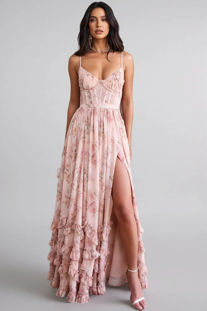 Maxikleid mit Spaghettiträgern und gerafftem Saum