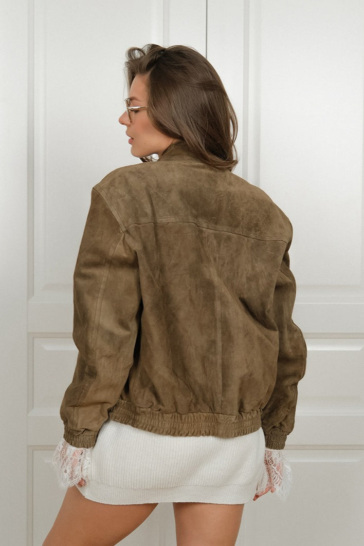 Vintage Velourslederjacke mit Stehkragen für stilvolles Schichten