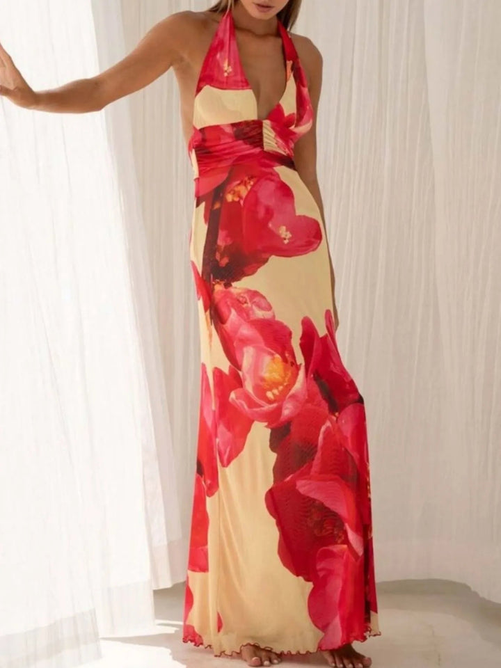 Maxikleid mit Blumenmuster, Neckholder und tiefem V-Ausschnitt
