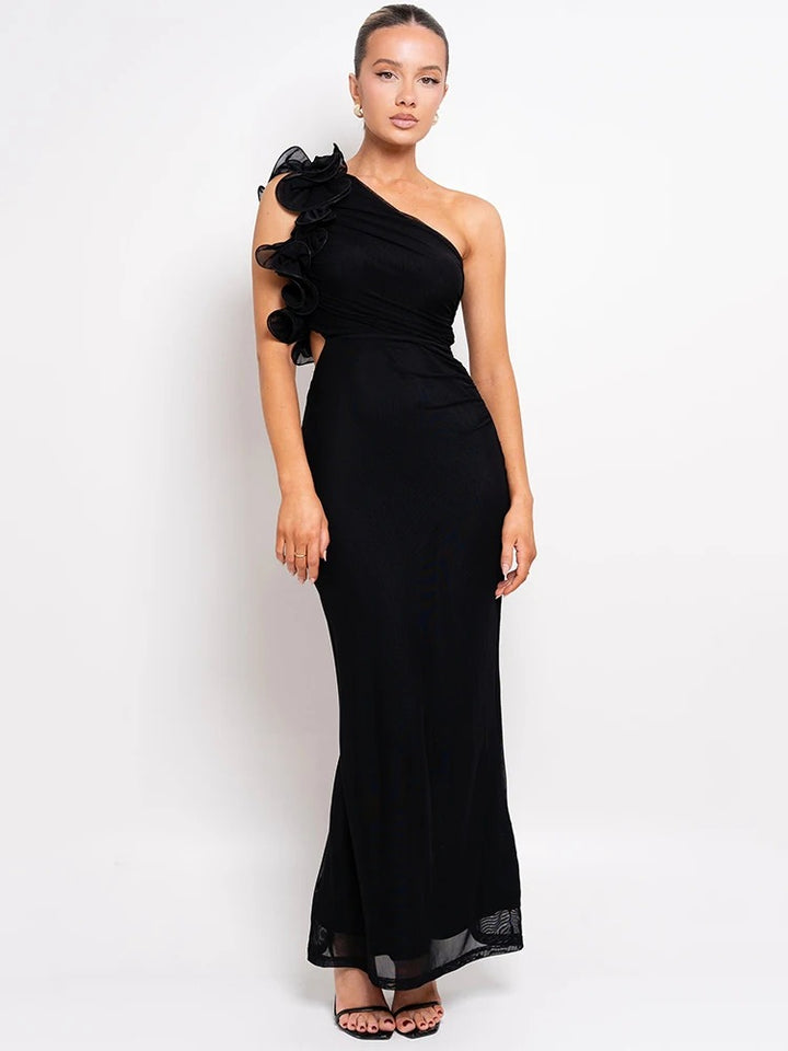 Damen Abendkleid One Shoulder – Asymmetrisch mit Blumenapplikation