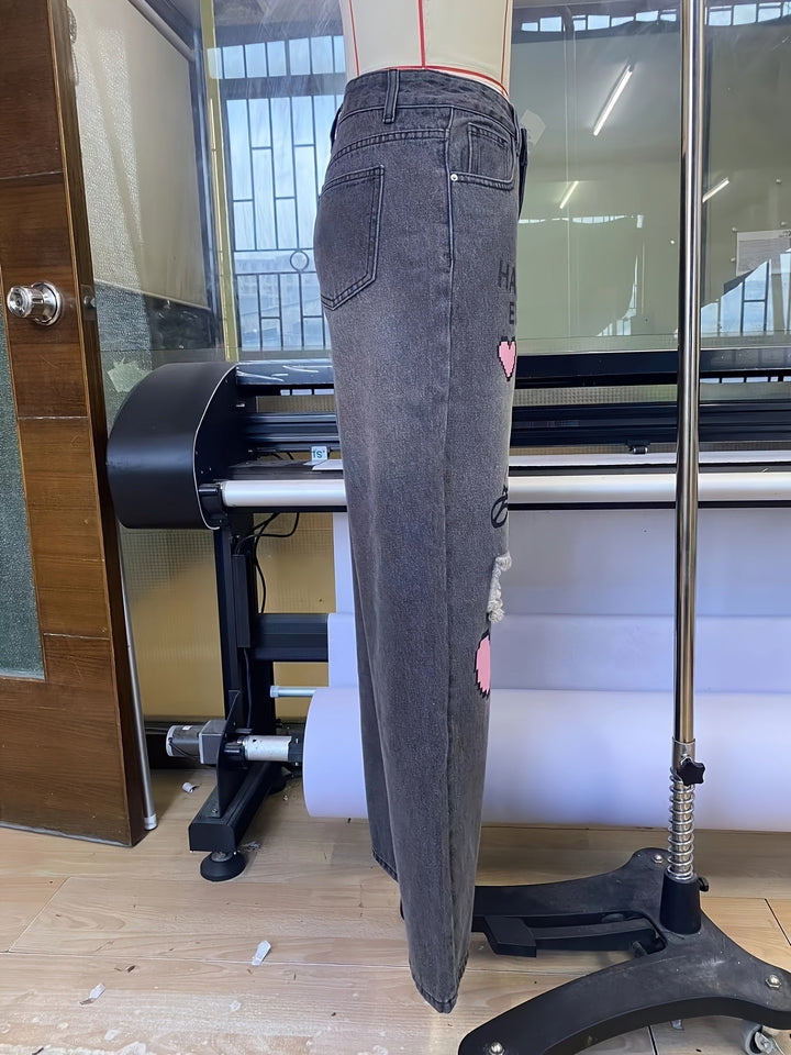 Kräftige Grafik High-Waist Weite Denim-Jeans