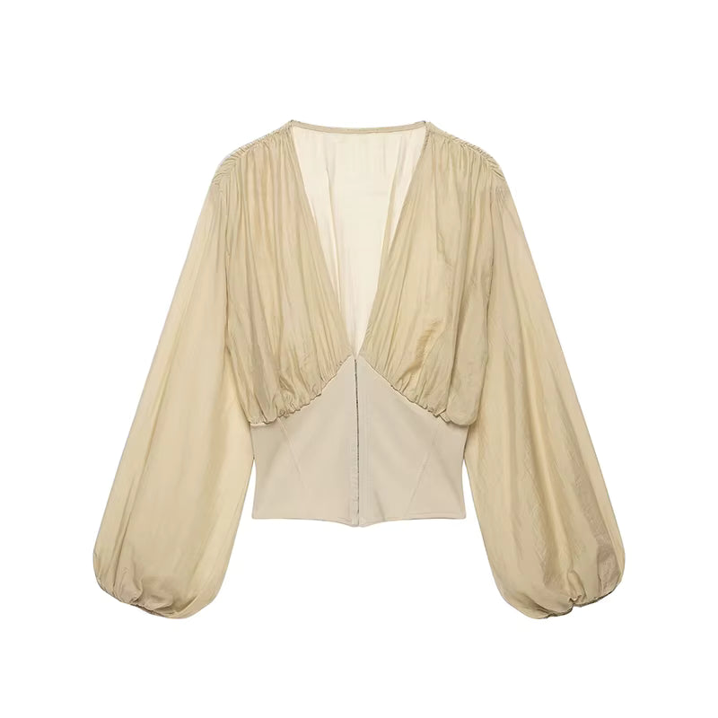 Gekürzte Damen-Corsagebluse mit Puffärmeln Sandfarbe