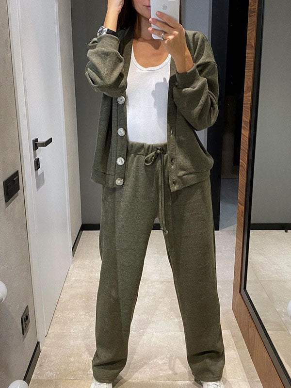 Gemütliches lässiges V-Ausschnitt Pullover- und Hose-Set