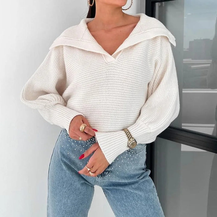 Gemütlicher Strickpullover mit Laternenärmeln und offenem Kragen